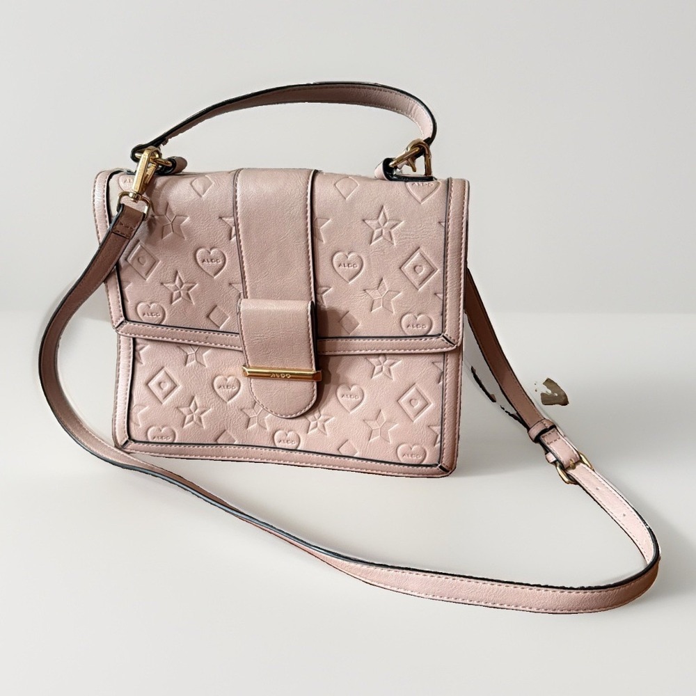 Aldo Blush Gold Satchel Handbag Logo Shape Printed Crossbody